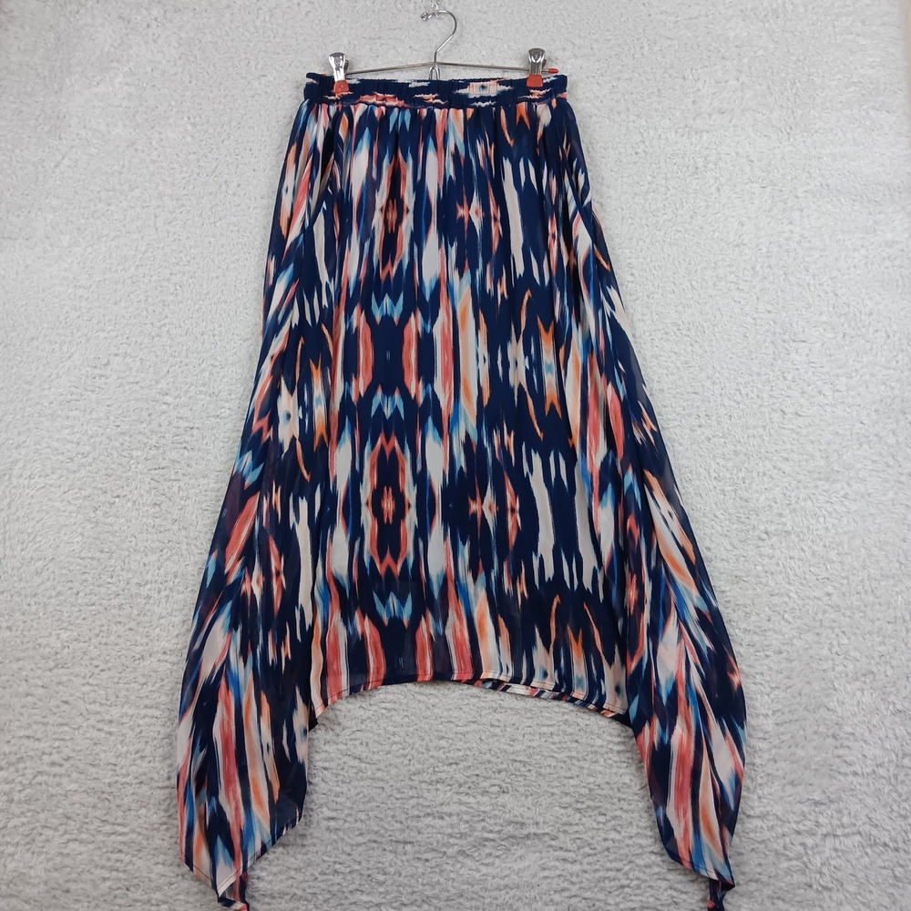 Kate & Mallory Skirt Maxi Women S Blue Multi Ikat Sharkbite Hem POK0036